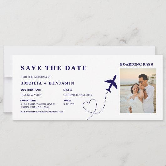 Boarding Pass Save the Date | Destination Wedding  招待状 (正面)