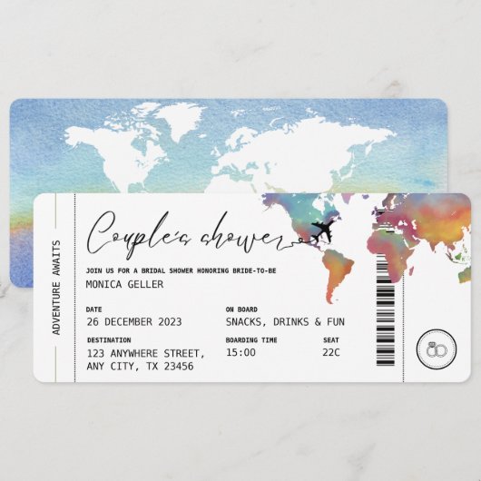 Boarding Pass Travel Themed Couple's Shower 招待状 (正面/裏面)