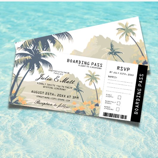 Boarding Pass Tropical Beach Wedding Ticket RSVP 招待状