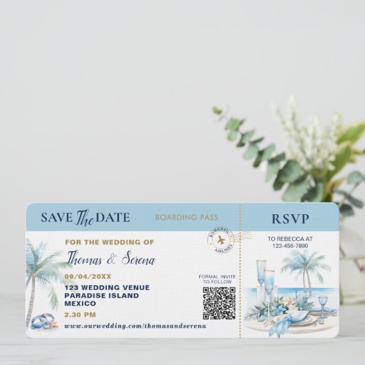 Boarding Pass Tropical Destination QR Code Wedding 招待状 (スタンド正面)