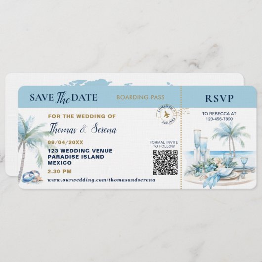 Boarding Pass Tropical Destination QR Code Wedding 招待状 (正面/裏面)