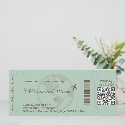 Boarding Pass Wedding Invitation – Sage & Beige 招待状 (スタンド正面)