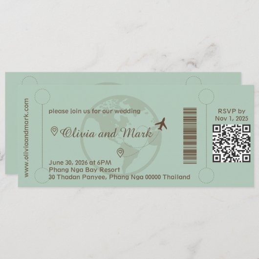Boarding Pass Wedding Invitation – Sage & Beige 招待状 (正面/裏面)
