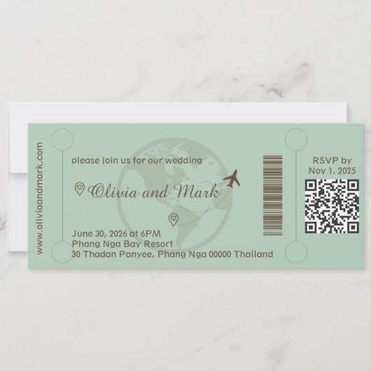 Boarding Pass Wedding Invitation – Sage & Beige 招待状 (正面)