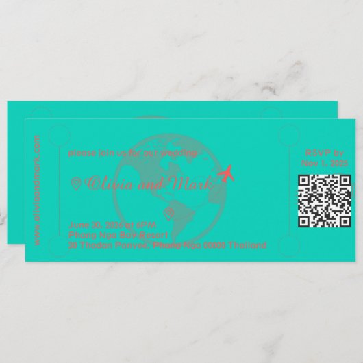 Boarding Pass Wedding Invitation – Teal & Coral (正面/裏面)
