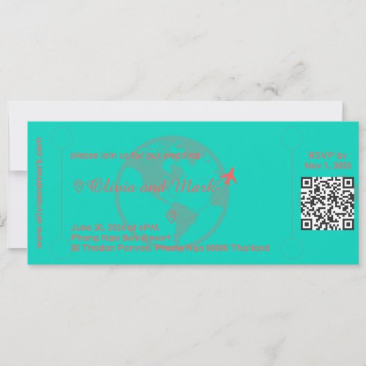 Boarding Pass Wedding Invitation – Teal & Coral (正面)