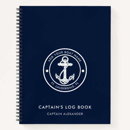 Boat Anchor and Name Navy Blue Captain Log ノートブック (正面)