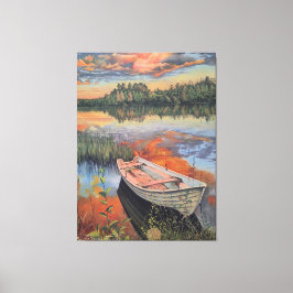 Boat at Sunset: Realistic Lake Reflection wall Art キャンバスプリント