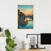 Boat Canal Wall Art Hasui Kawase Dusk Scene (Blue ポスター (ホームオフィス)