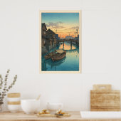 Boat Canal Wall Art Hasui Kawase Dusk Scene (Blue ポスター (キッチン)