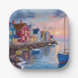 Boat Day | Coastal Bay Ocean Watercolor Painting ペーパープレート