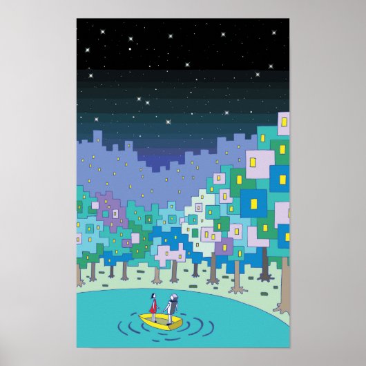 Boat floating on the lake and a starry sky. ポスター (正面)