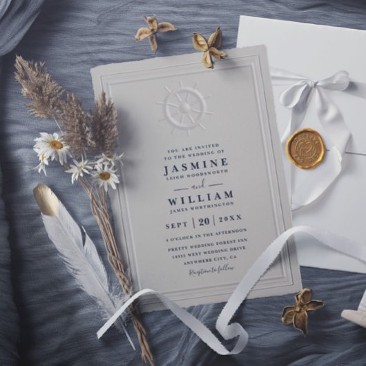 Boat Helm Faux Embossed Elegant QR Code Wedding 招待状