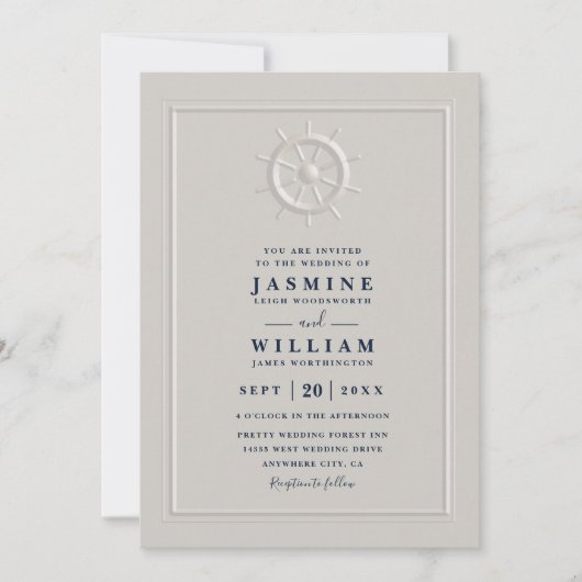 Boat Helm Faux Embossed Elegant QR Code Wedding 招待状 (正面)