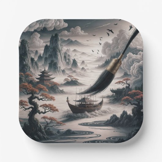  Boat landscape ocean view poetic  art ペーパープレート (正面)