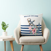 Boat Name,花の錨 ネイビーブルーストライプ クッション (椅子)