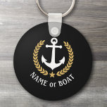 Boat Name Anchor Gold Style Laurel Star Navy Black キーホルダー<br><div class="desc">A Personalized Keychain with your boat name,  family name or other desired text as needed. Featuring a custom designed nautical boat anchor,  gold style laurel leaves and star emblem on black or easily adjust the primary color to match your current theme. Makes a great any occasion.</div>