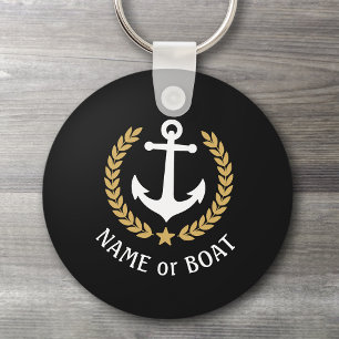 Boat Name Anchor Gold Style Laurel Star Navy Black キーホルダー