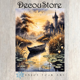 Boat on a Lake at Sunset Decoupage 薄葉紙