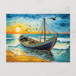 Boat on Calm Waters at Sunset シーズンポストカード