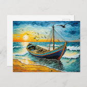 Boat on Calm Waters at Sunset シーズンポストカード (正面/裏面)