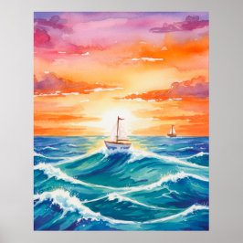 Boat Sunset Ocean Colorful Watercolor Bruno Mars ポスター