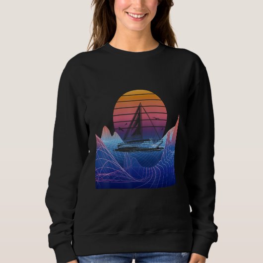 Boating Sailing Sailor Vaporwave Sunset Sail Boat  スウェットシャツ (正面)