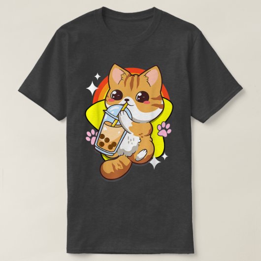 Boba茶バブルティーキャットアニメかわいい猫恋人Ja Tシャツ (デザイン正面)