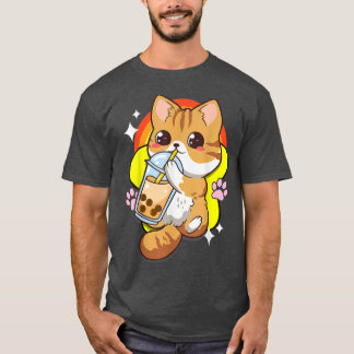 Boba茶バブルティーキャットアニメかわいい猫恋人Ja Tシャツ