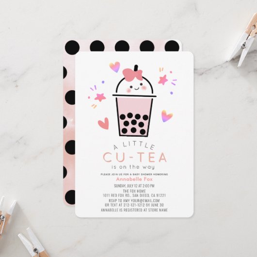 Boba Bubble Tea Pink Bow Girl Baby Shower 招待状 (正面/裏面インサイチュ)