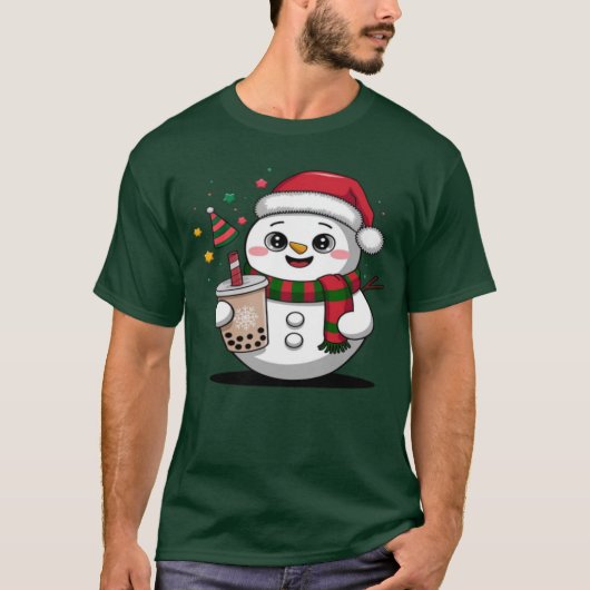 Boba Teaと可愛いクリスマス雪だるま – かわいい Tシャツ (正面)