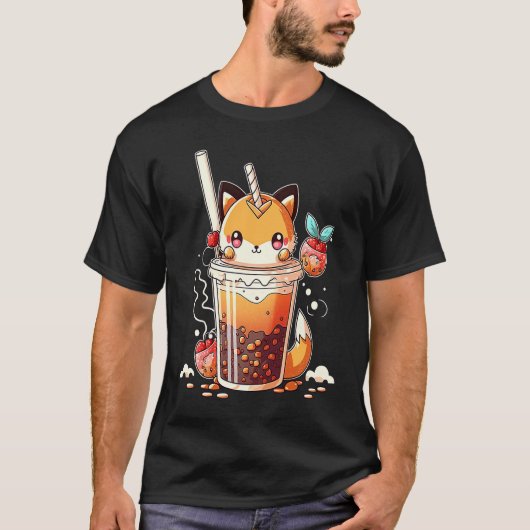 Boba Tea Chibi Bubble Tea Fox Tシャツ (正面)