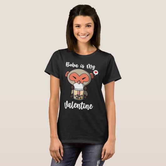 Boba Tea is My Valentine Macaque Monkey Anti Valen Tシャツ (正面フル)