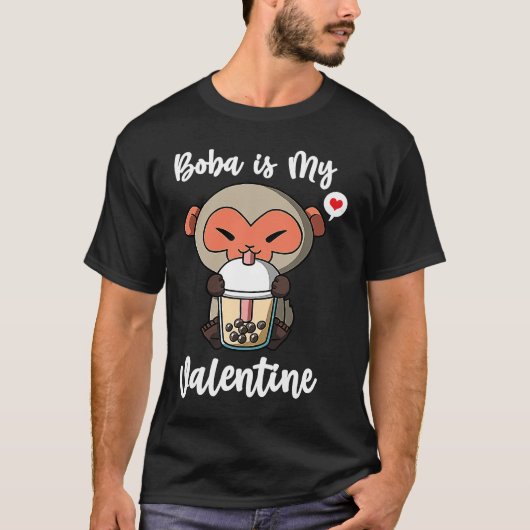 Boba Tea is My Valentine Macaque Monkey Anti Valen Tシャツ (正面)