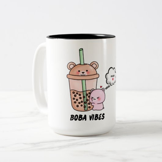 Boba Vibes、バブルティー好きの可愛い飲み物用品、 ツートーンマグカップ (正面左)