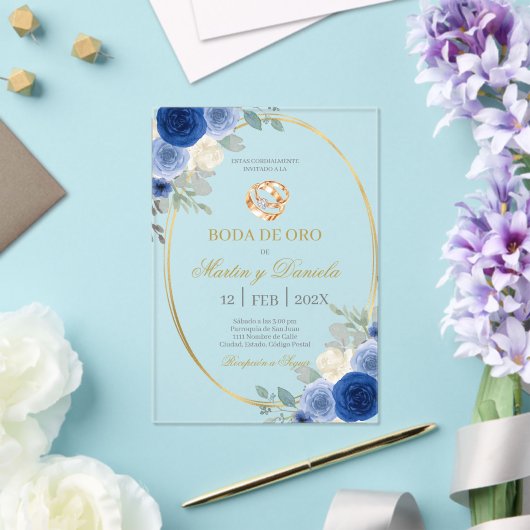 Boda de oro con flor azul アクリル招待状 (インサイチュ (ウェディング))