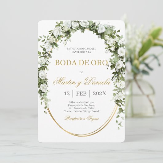 Boda de oro con ramo de flores blancas 招待状 (スタンド正面)