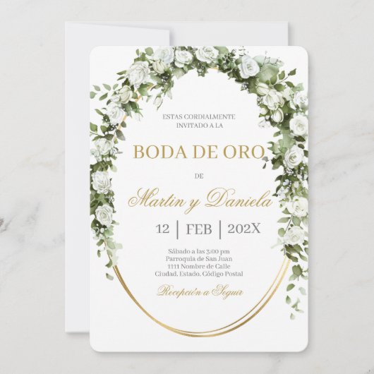 Boda de oro con ramo de flores blancas 招待状 (正面)