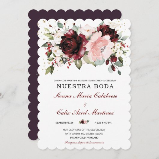 Boda en oro burdeos y rosa rubor 招待状 (正面/裏面)