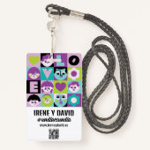 Boda Festivalera Azul Turquesa Lila Retro WedFest バッジ (裏面ランヤード)