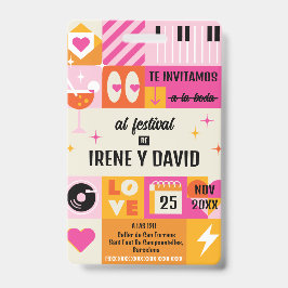 Boda Festivalera Naranja y Rosa Retro WedFest バッジ