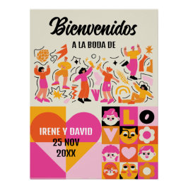 Boda Festivalera Retro Naranja Rosa Bienvenida ポスター