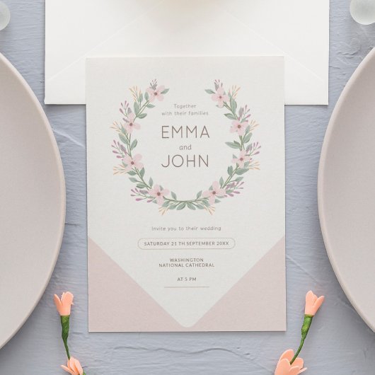 Boda romántico rosa corona de flores silvestres 招待状