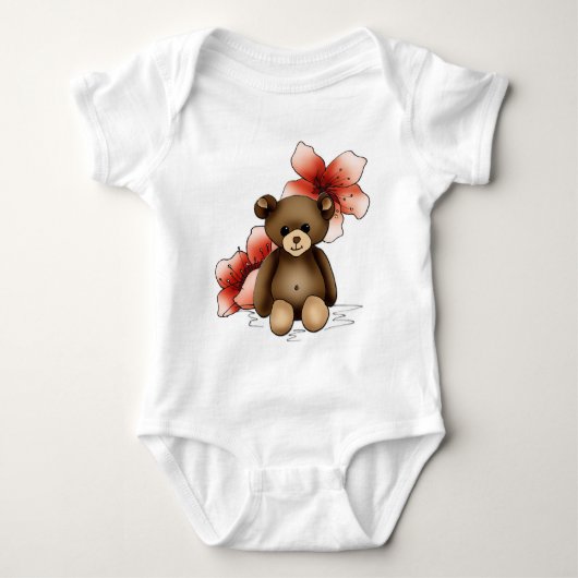 Body bébé blanc avec nounours et fleurs cerisier ベビーボディスーツ (正面)