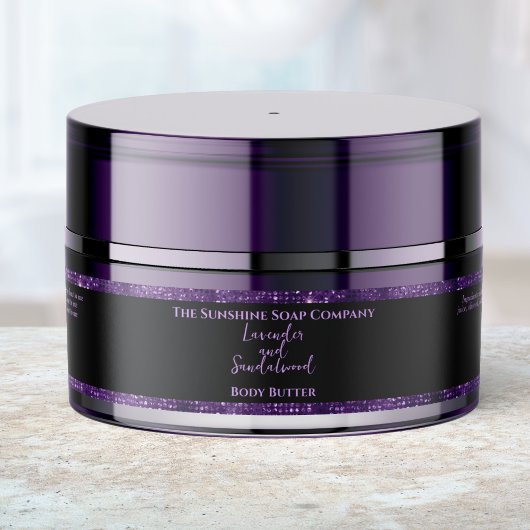 Body Butter Jar Label Black Purple Glitter ラップアラウンドラベル