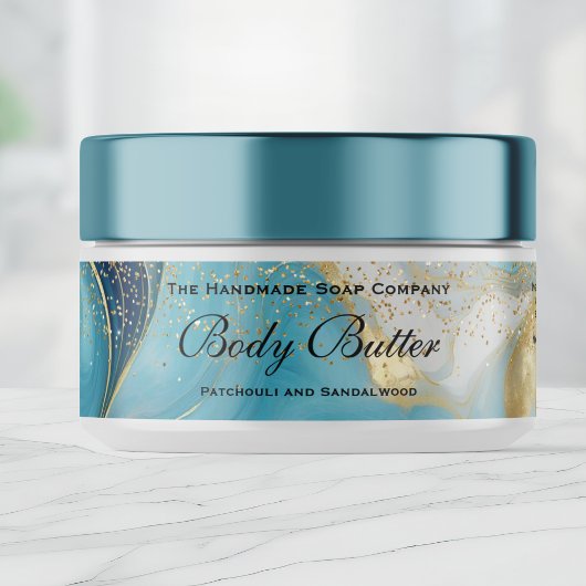 Body Butter Jar Label Blue Marble Gold Glitter ラップアラウンドラベル