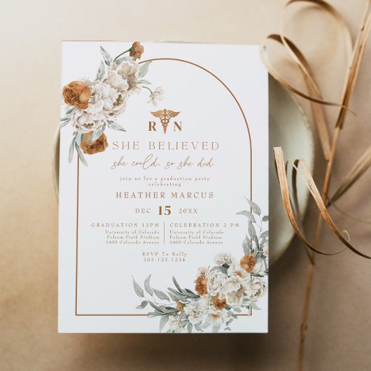 BOHEME Terracotta Floral Boho RN Nurse Graduation 招待状