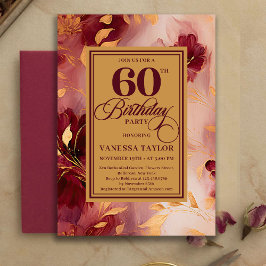 Bohemian 60th Birthday Burgundy Gold Watercolor 招待状