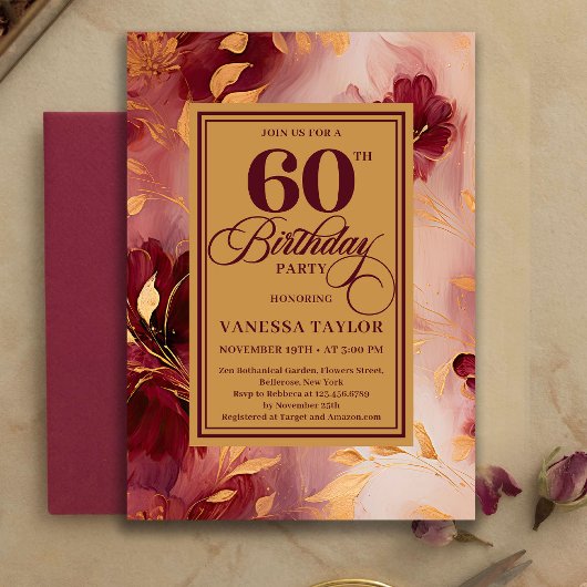 Bohemian 60th Birthday Burgundy Gold Watercolor  招待状
