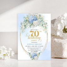 Bohemian 70th Birthday Blue Floral Gold Invitation